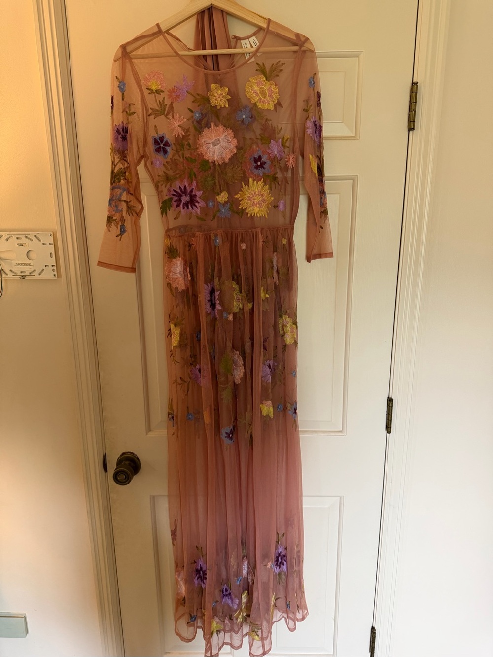 Anthropologie Dusty Rose Sheer Floral Embroidered Maxi Dress